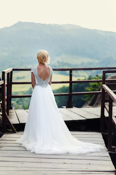 Bride standing with his back against a background of mountains — Stock Photo, Image