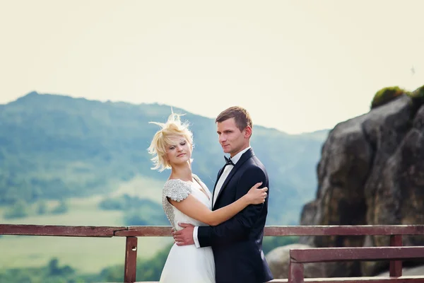 Pareja de boda posando sobre el telón de fondo de la montaña. Rejilla — Foto de Stock