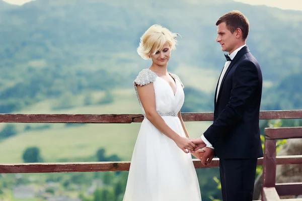 Pareja de boda posando sobre el telón de fondo de la montaña. Rejilla — Foto de Stock