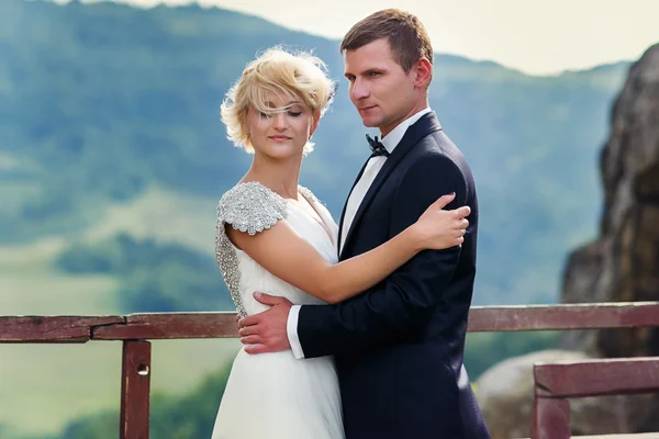 Pareja de boda posando sobre el telón de fondo de la montaña. Rejilla —  Fotos de Stock