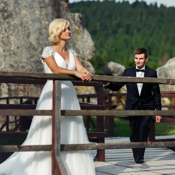 Sposo viene alla sposa in piedi vicino alla recinzione sulla montagna — Foto Stock