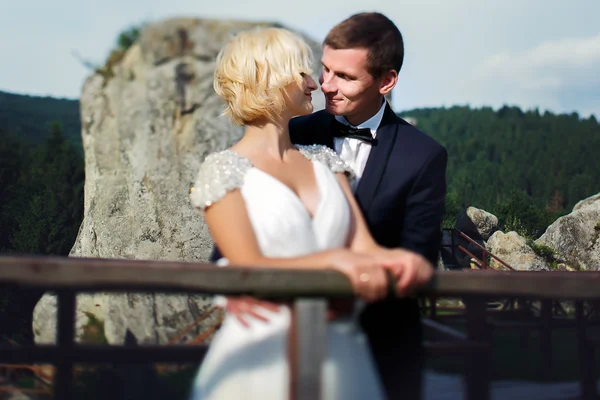 Novio viene a la novia de pie cerca de la valla en la montaña — Foto de Stock