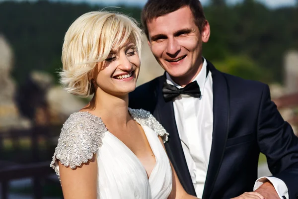 Wedding couple dope on the mountain — Stock Photo, Image