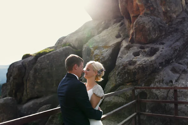 Bride and groom posing on the mountain on a sunny day — Stock Photo, Image