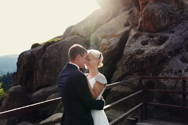 Bride and groom posing on the mountain on a sunny day — Stock Photo, Image