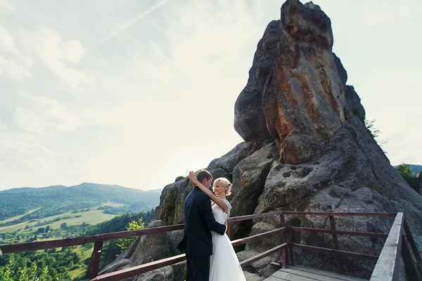 Bride and groom posing on the mountain on a sunny day — Stock Photo, Image