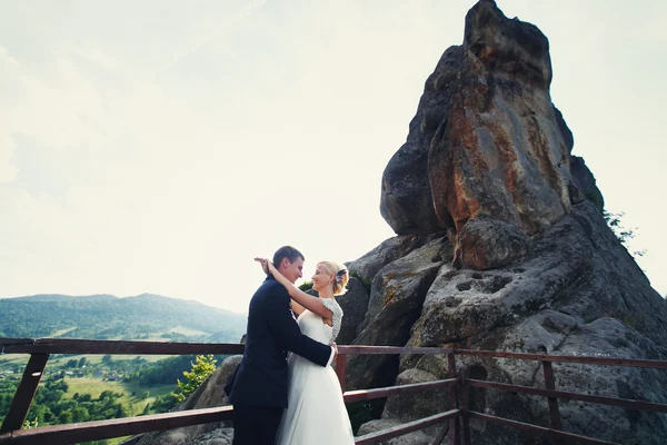 Bride and groom posing on the mountain on a sunny day — Stock Photo, Image