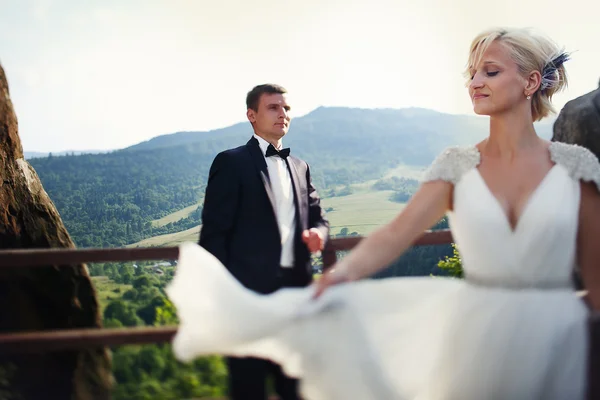 Bride waving dress in a landscape mountain and groom standing le — Stock Photo, Image