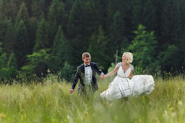 新婚夫妇在日落时分在绿草上运行 — 图库照片