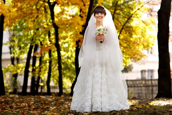 Невеста с букетом, стоящей на солнце в парке — стоковое фото