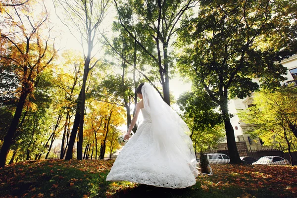 Νύφη με ένα μπουκέτο στέκεται στον ήλιο στο πάρκο — Φωτογραφία Αρχείου