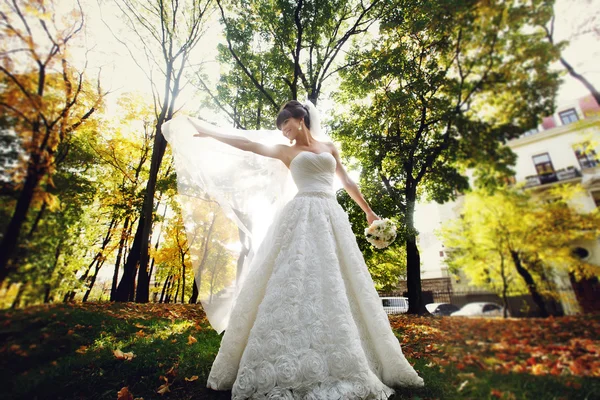 Sposa con un bouquet in piedi al sole nel parco — Foto Stock