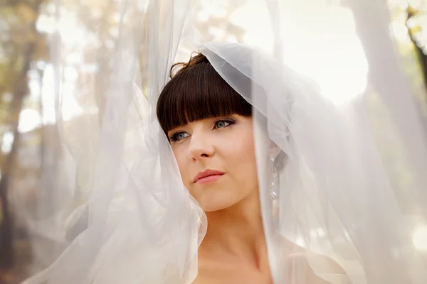 Свадебный портрет красивой модной невесты крупным планом осенью — стоковое фото