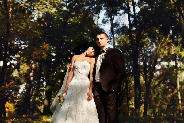 Свадебная пара гуляющая в осеннем парке — стоковое фото