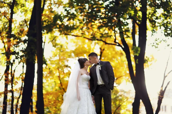 Noiva segurando um vestido e sorrindo — Fotografia de Stock