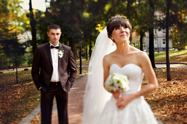 Casamento casal andando no parque de outono — Fotografia de Stock