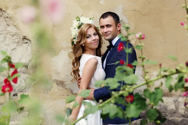Charmante Braut und stilvoller Bräutigam stehen neben Buschblumen — Stockfoto