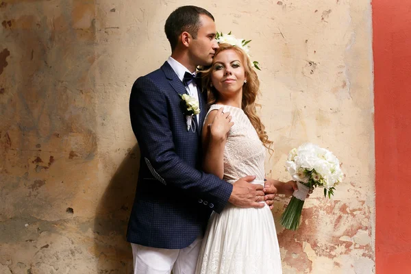 Bride and groom kissing on the background wall — Stock Photo, Image