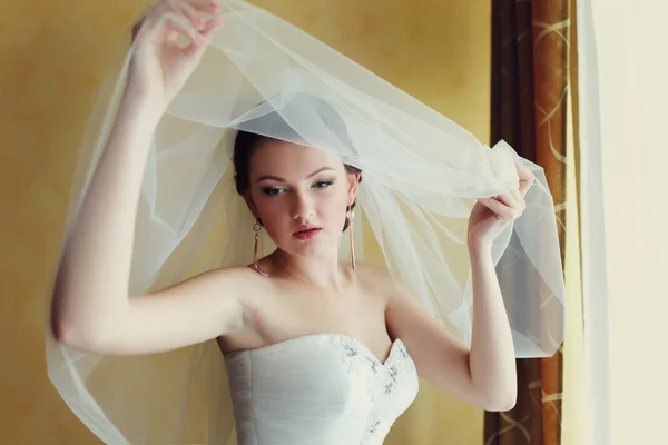 Retrato de jovem mulher em vestido de noiva posando com véu de noiva — Fotografia de Stock