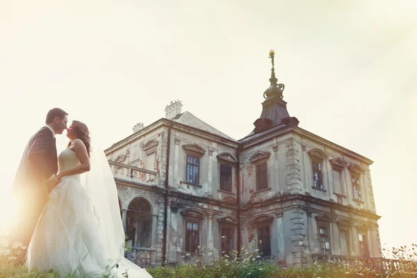 Dois casais após o casamento no parque tne perto do castelo, verão e — Fotografia de Stock