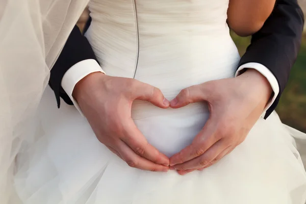 Dois casais após o casamento no parque tne perto do castelo, coração de mão — Fotografia de Stock