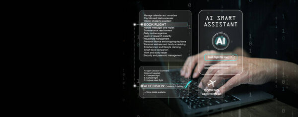 Искусственный интеллект смарт-браузер выполняет задачи принятия решений, анализируя данные для выбора и подтверждения бронирования авиабилетов автоматически. Технология искусственного интеллекта и автоматизация будущего.