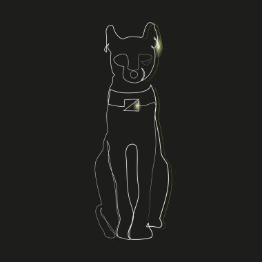 Siyah zemin üzerinde altın süslemeleri olan tek bir ışık çizgisi olan bir kedi. Mısır 'ın dini. Piç!