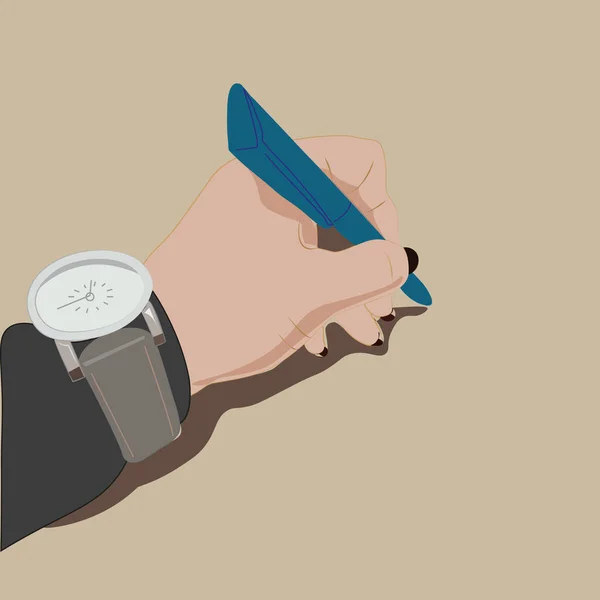 Bild Einer Hand Mit Stift Und Weißer Armbanduhr — Stockvektor
