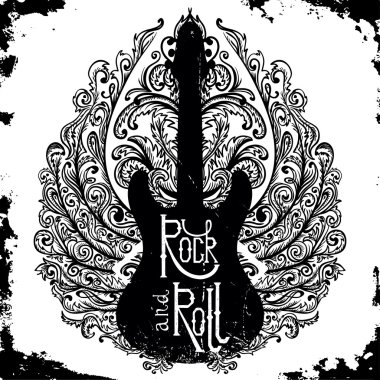 Vintage el elektro gitar, süslü kanatları ve yazı rock and roll grunge arka plan üzerinde çizilmiş poster. Retro vektör çizim. Tasarım, retro kartı, baskı, t-shirt, kartpostal