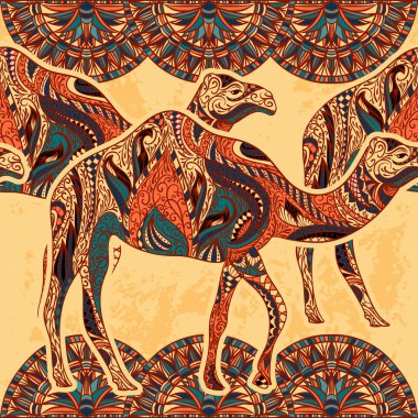 Deve ile Seamless Modeli oryantal süsler ve Mısır grunge arka plan üzerinde renkli çiçek süsleme ile dekore edilmiştir. Vektör çizim Vintage renkli el çekilmiş