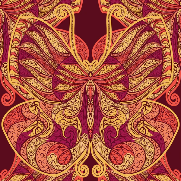 Naadloze patroon met vintage Butterfly met florale abstracte ornament. Kleurrijke vector hand getekende illustratie — Stockvector