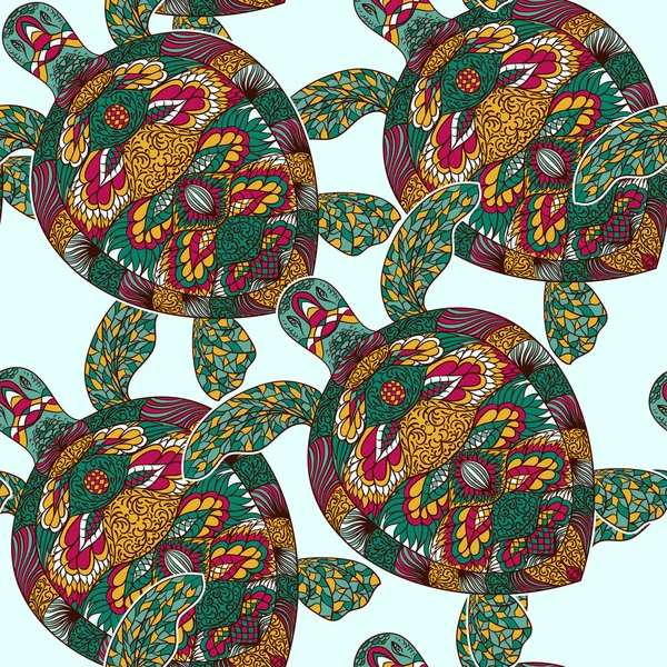 Tortuga decorada con adornos florales. Vintage patrón inconsútil colorido. Ilustración vectorial dibujada a mano — Vector de stock