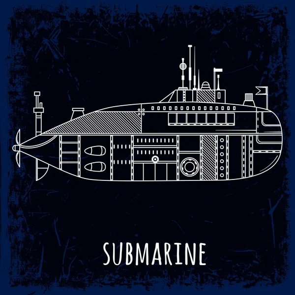 Sous-marin. Illustration vectorielle vintage dessinée à la main dans le style line art sur fond grunge — Image vectorielle