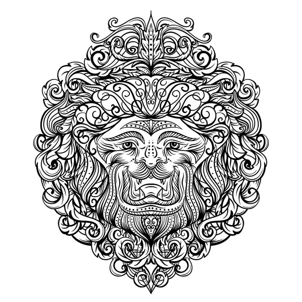 Lion Head com ornamento abstrato. Design de arte de tatuagem vintage, cartão, impressão, t-shirt, cartão postal, cartaz. ilustração vetorial desenhada à mão preto e branco —  Vetores de Stock