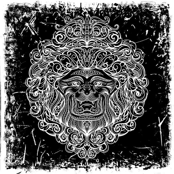 Lion Head com ornamento abstrato em fundo grunge. Design de arte de tatuagem vintage, cartão, impressão, t-shirt, cartão postal, cartaz. ilustração vetorial desenhada à mão preto e branco —  Vetores de Stock