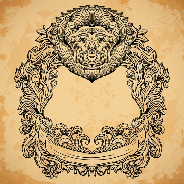 Античная рамка с гравировкой на голове льва и орнаментом картуша в стиле барокко. Изолированные элементы. Винтажный дизайн декоративный элемент в стиле барокко на выдержанной бумаге. Ретрографическая векторная иллюстрация — стоковый вектор
