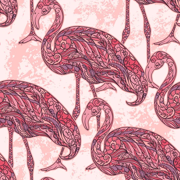 Flamingo dekorerad med orientaliska ornament på grunge bakgrund. Vintage färgglada seamless mönster. Hand dras vektor illustration — Stock vektor