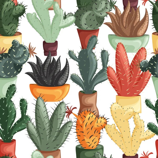 Naadloze patroon met succulenten en cactussen in potten. Botanische vectorafbeelding instellen met schattige florals. — Stockvector