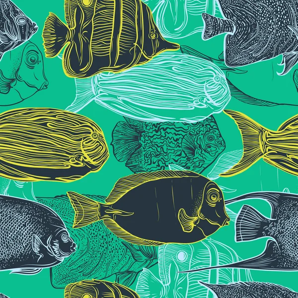 Naadloze patroon met collectie van tropische vissen. Vintage set hand getrokken mariene fauna. Vectorillustratie in kunst lijnstijl. Ontwerp voor zomer strand, decoraties. — Stockvector