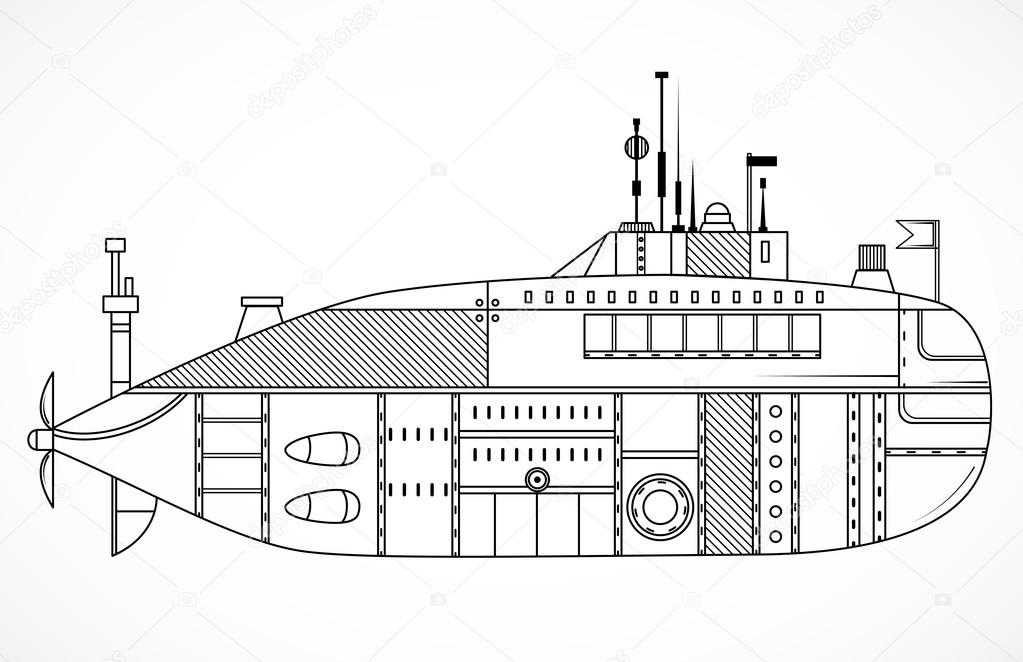 Submarine. Vintage black and white hand drawn vector illustration in line art style