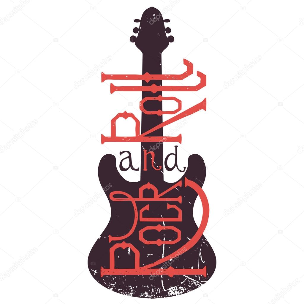 Vintage hand drawn poster with electric guitar and lettering rock and roll on grunge background. Retro vector illustration. Design, retro card, print, t-shirt, postcard