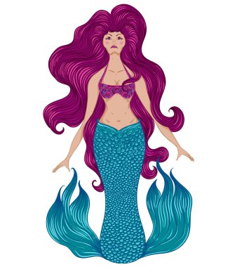 Güzel saçlı denizkızı. Dövme sanatı. Retro afiş, davetiye, kart, hurda rezervasyon. tişört, çanta, kartpostal, poster. Vintage son derece ayrıntılı renkli el çizilmiş vektör illüstrasyon