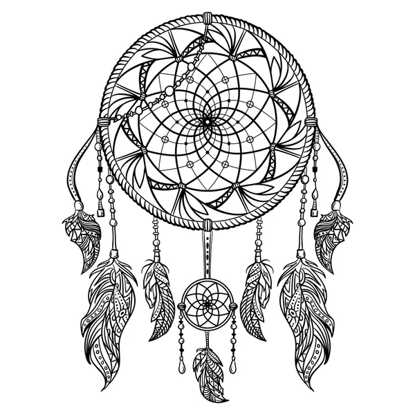 Dream Catcher met ornament. Tattoo art. Retro banner, kaart, scrapbookingateliers, t-shirt, tas, afdrukken, poster. Zeer gedetailleerde vintage zwart-wit hand getekende vector illustratie — Stockvector