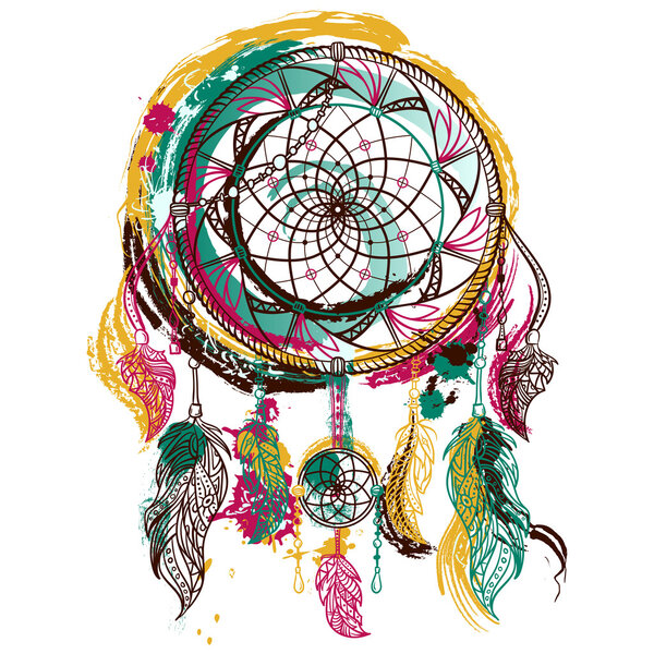 Dream catcher with ornament. Tattoo art. Hand drawn grunge style art. Colorful retro banner, card, scrap booking, t-shirt, bag, print, poster.Highly detailed vintage hand drawn vector illustration