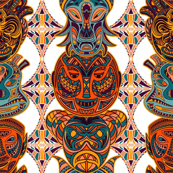 Padrão sem costura com máscara tribal e ornamento latino-americano geométrico azteca. Ilustração vetorial colorida desenhada à mão —  Vetores de Stock