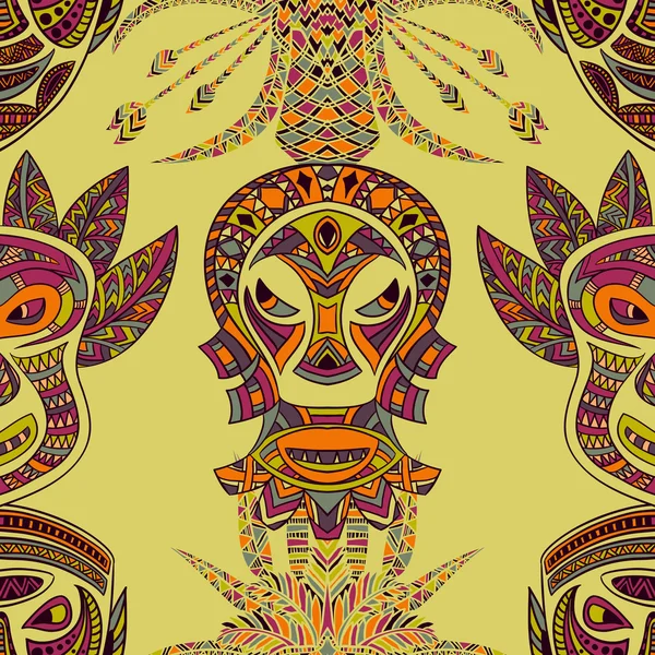 Patrón sin costuras con máscara tribal y adorno geométrico latino americano azteca. Ilustración de vector dibujado a mano colorido — Vector de stock