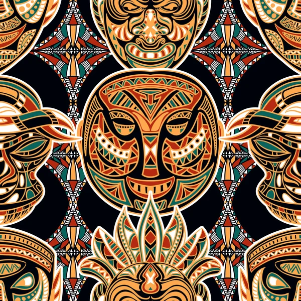 Patrón sin costuras con máscara tribal y adorno geométrico latino americano azteca. Ilustración de vector dibujado a mano colorido — Vector de stock