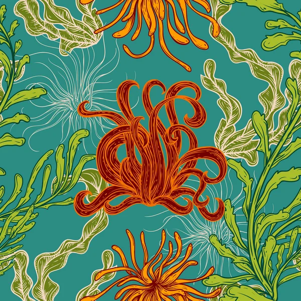 Deniz bitkileri, yapraklar ve yosun koleksiyonu ile dikişsiz desen. Retro renkli el seti deniz florası çizilmiş. Çizgi sanat stilinde vektör illüstrasyonu. Yaz plajı için tasarım, dekorasyon. — Stok Vektör