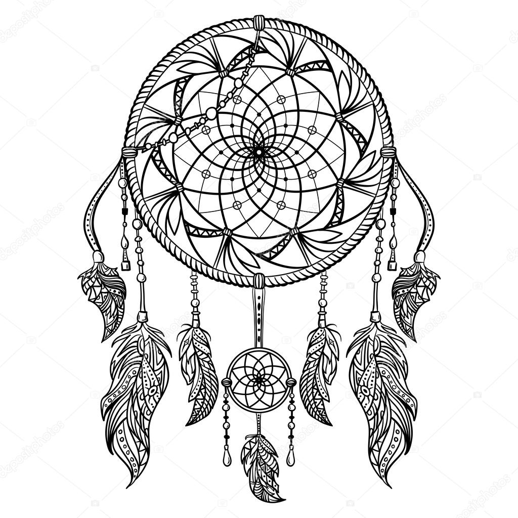 Dream catcher with ornament. Tattoo art. Retro banner, card, scrap booking, t-shirt, bag, print, poster.Highly detailed vintage black and white hand drawn vector illustration