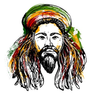Portrait of rastaman. Jamaica theme. Reggae concept design. Tattoo art. Hand drawn grunge style art. Retro banner, card, t-shirt, bag, print, poster.Vintage colorful hand drawn vector illustration clipart